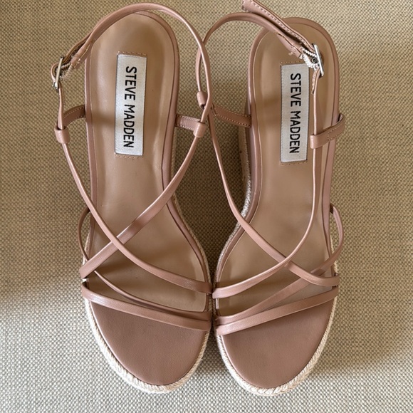Steve Madden Platform Tan and Cream Espadrille Wedge Sandals - Picture 2 of 6